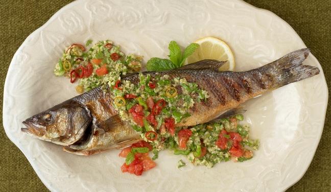 Grilled Whole Fish in Chile, Garlic and Mint Sauce