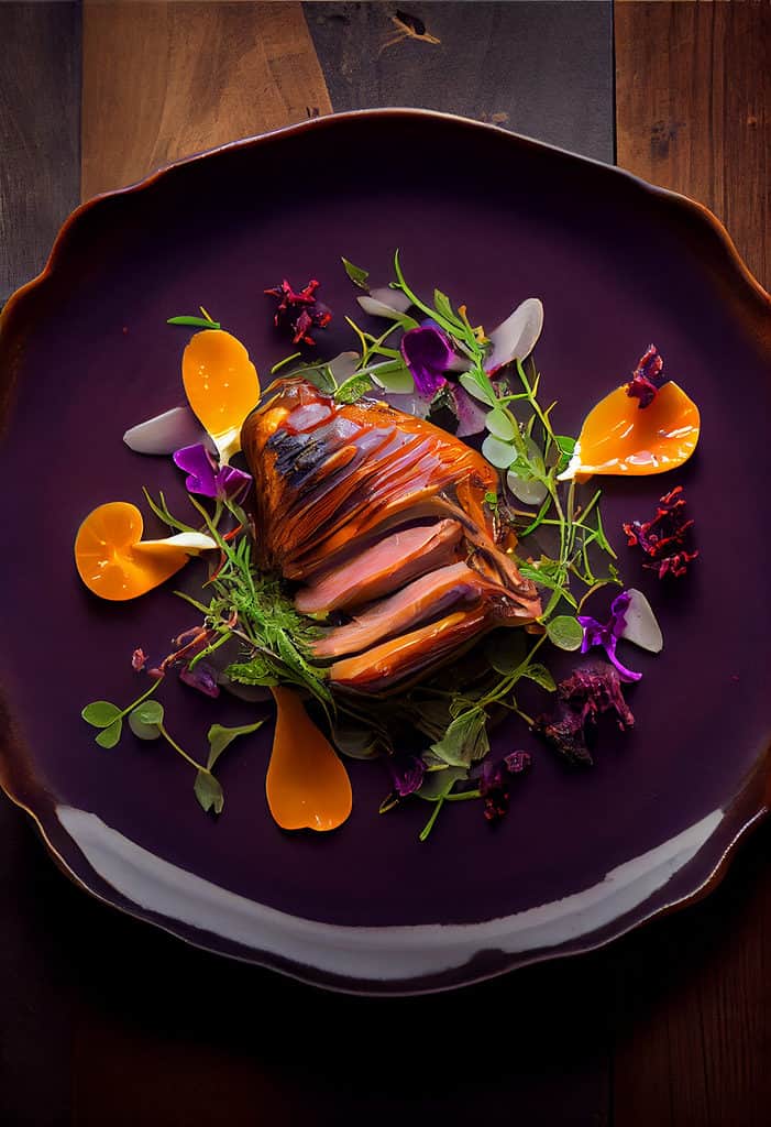 Top down view of a dish made with Smoked Pheasant Breast Recipe, for your garnish ideas