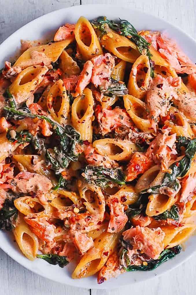  This pasta dish is the perfect balance: the smokiness of the salmon is perfectly complemented by the creaminess of the sauce.